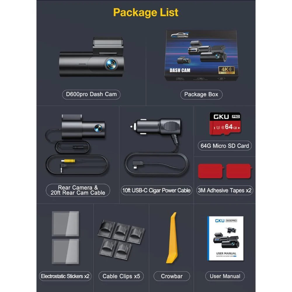 DASHCAM AVANT + ARRIÈRE 4k + 1080p + CARTE 64gb offerte garantie 2ans 🇫🇷 Promotion aujourd’hui !