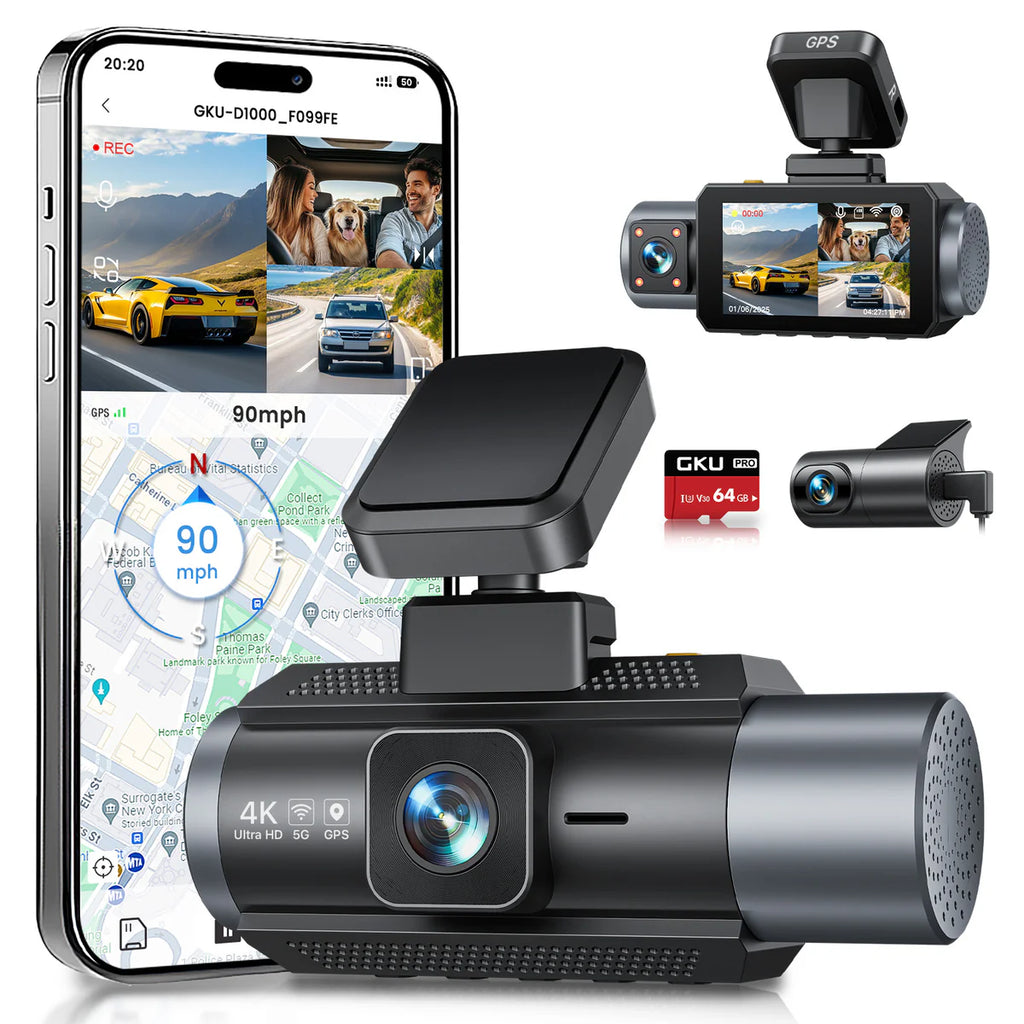 DASHCAM 4K GKU 3 OBJECTIFS AVANT ARRIERE ET INTÉRIEUR + CARTE 64gb offerte