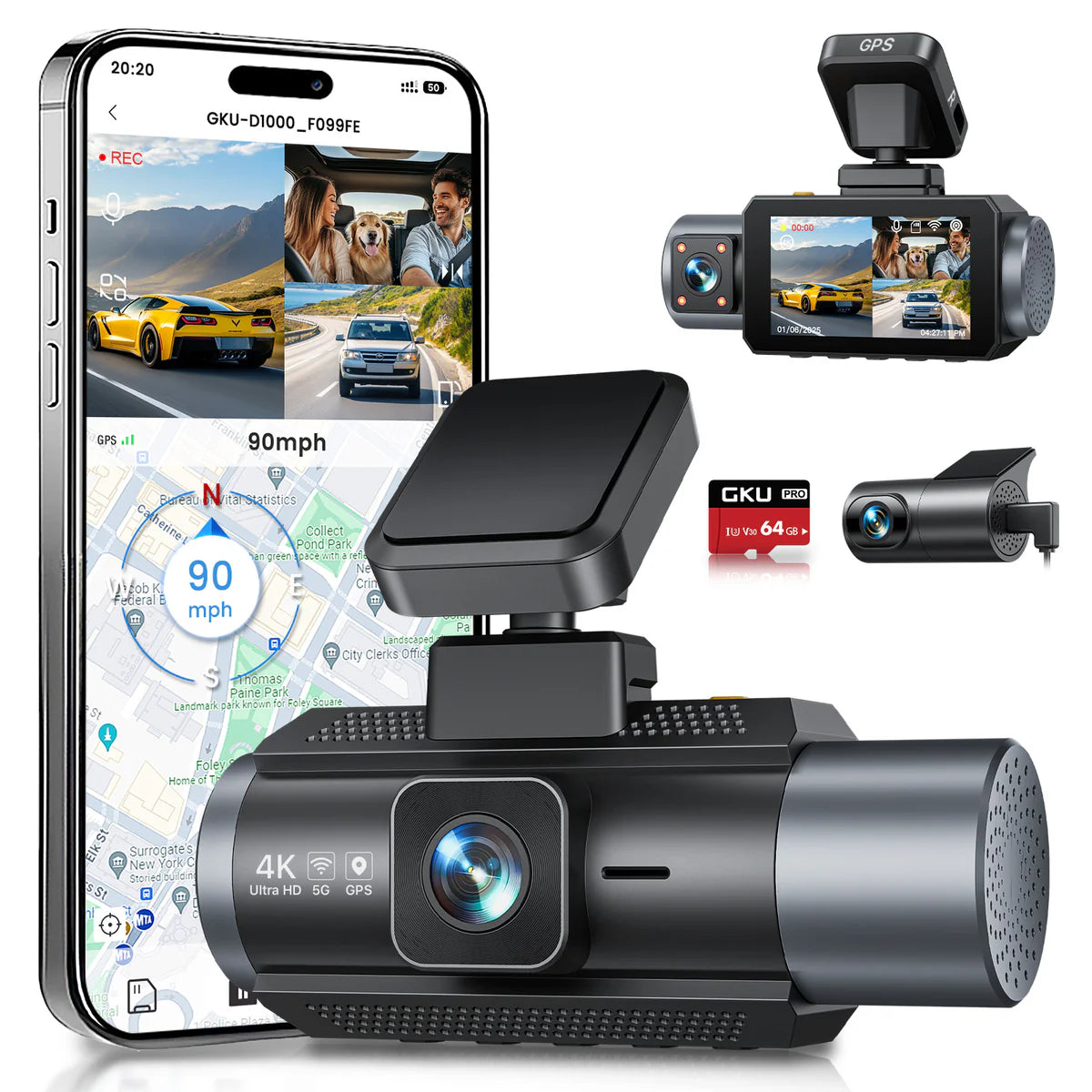 DASHCAM 4K GKU 3 OBJECTIFS AVANT ARRIERE ET INTÉRIEUR + CARTE 64gb offerte