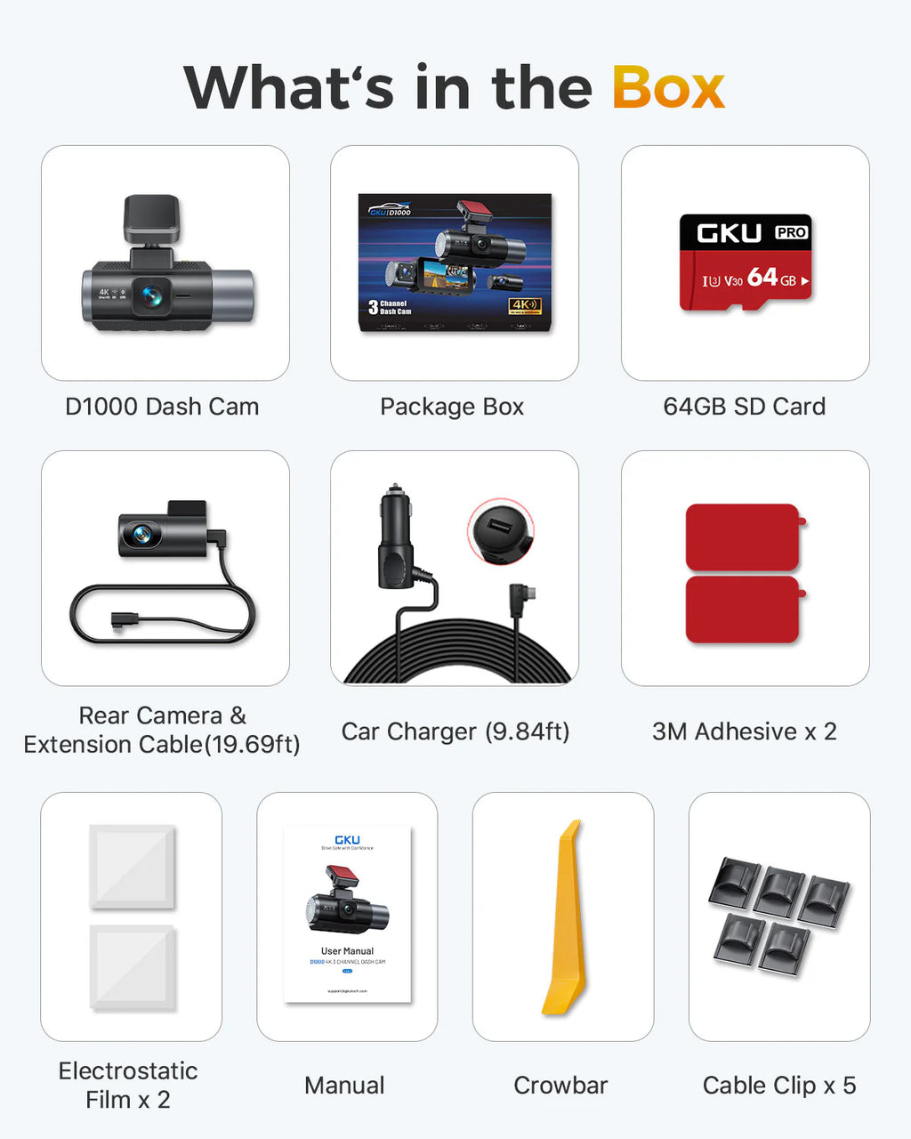 DASHCAM 4K GKU 3 OBJECTIFS AVANT ARRIERE ET INTÉRIEUR + CARTE 64gb offerte