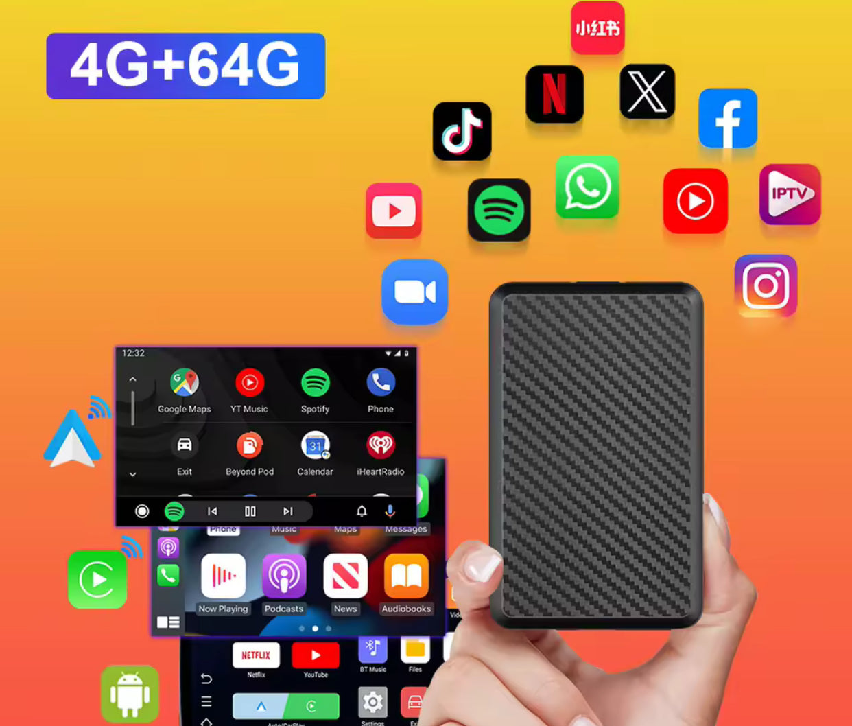 Boîtier CarPlay sans fil + appli Netflix play store….