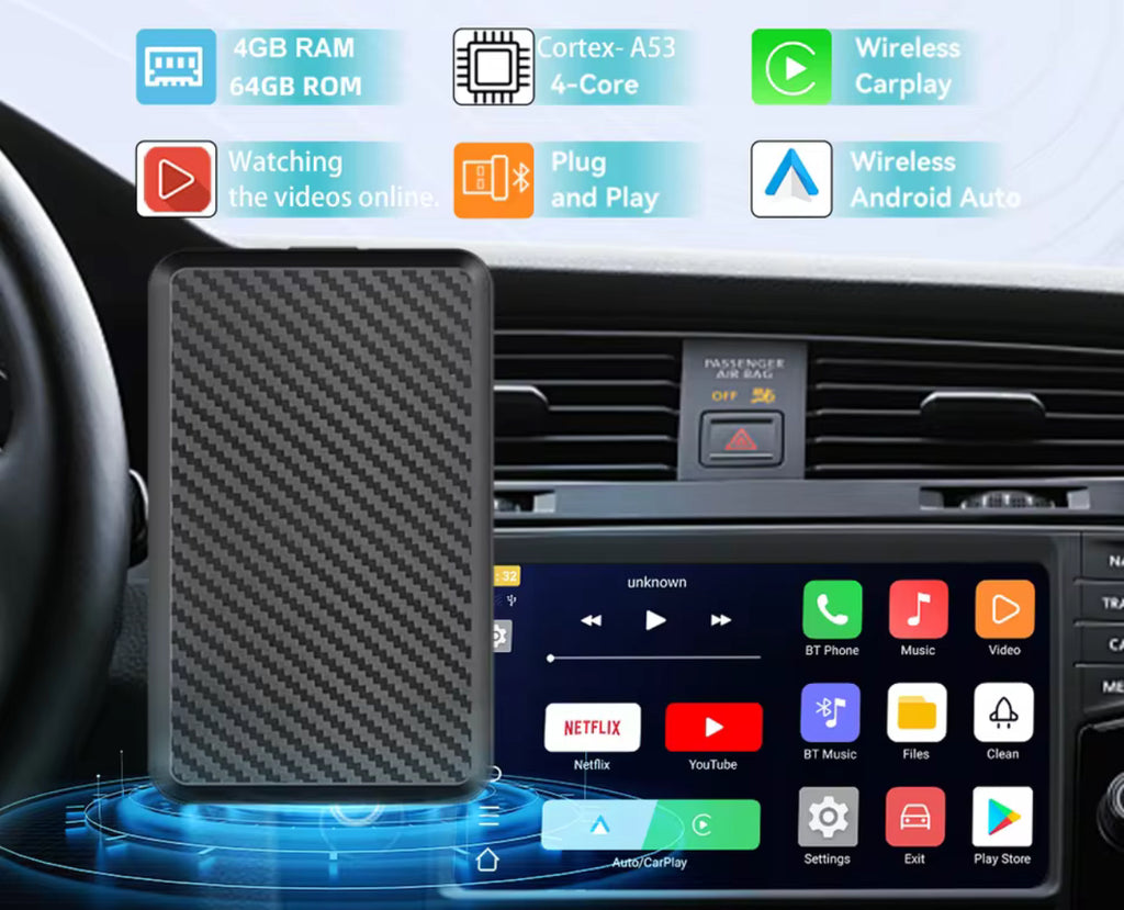 Boîtier CarPlay sans fil + appli Netflix play store….